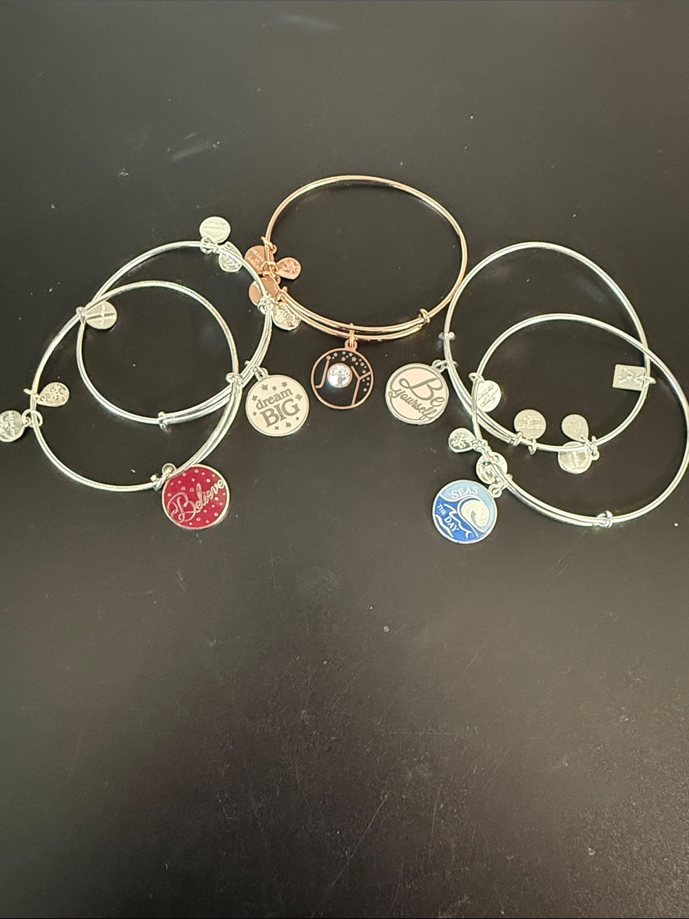 Alex and Ani Mixed Silver and Rose Gold Charm Bangle Set with Red & Blue Enamel